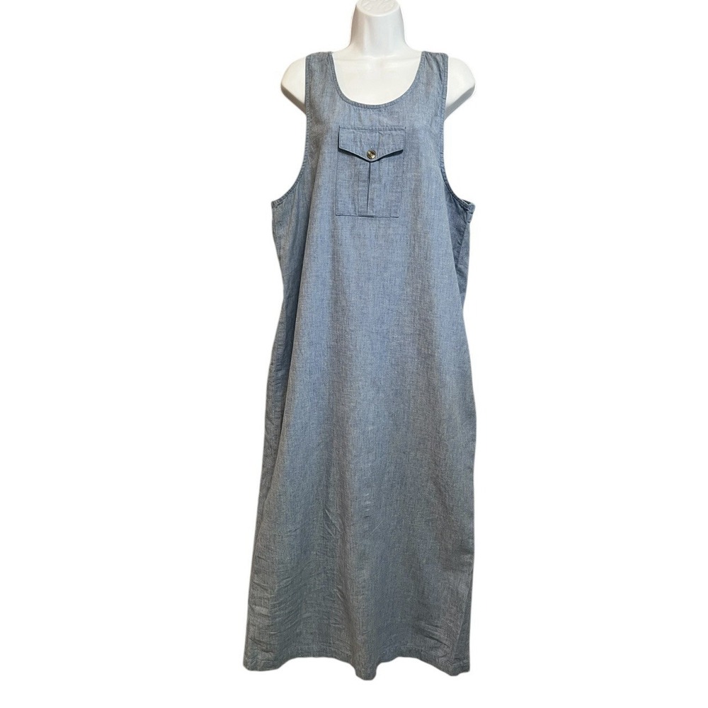 Vintage BLUE JEAN DENIM MAXI LONG DUSTER JUMPER DRESS Sz Large Slit Linen Y2K